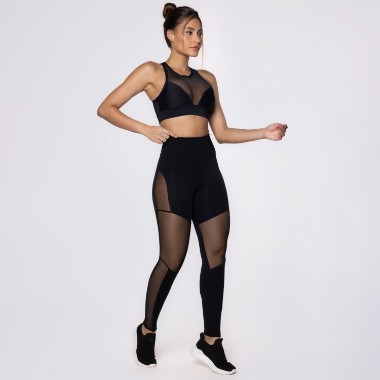 Top Fitness Preto Com Decote em Tule com Bojo