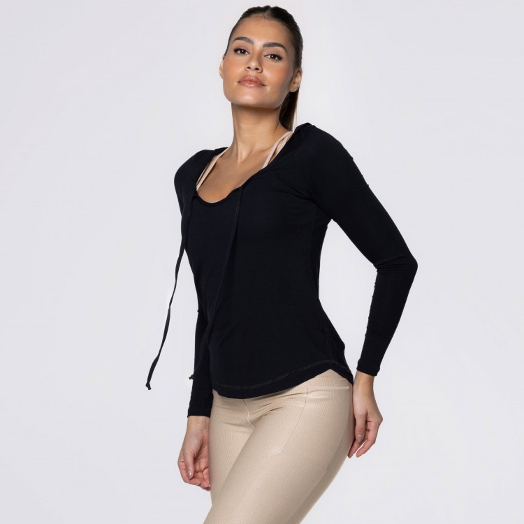 Blusa Manga Longa e Capuz Fitness Preta