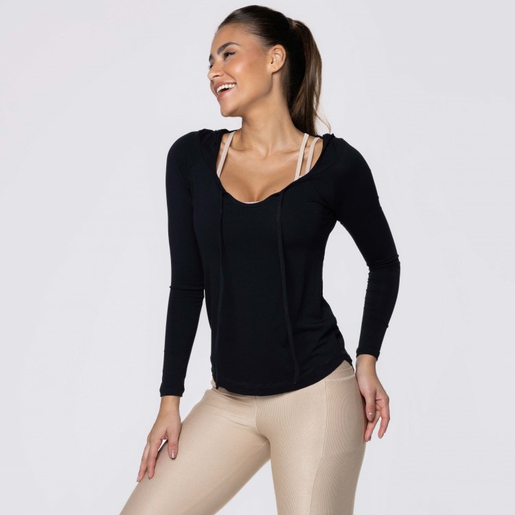 Blusa Manga Longa e Capuz Fitness Preta