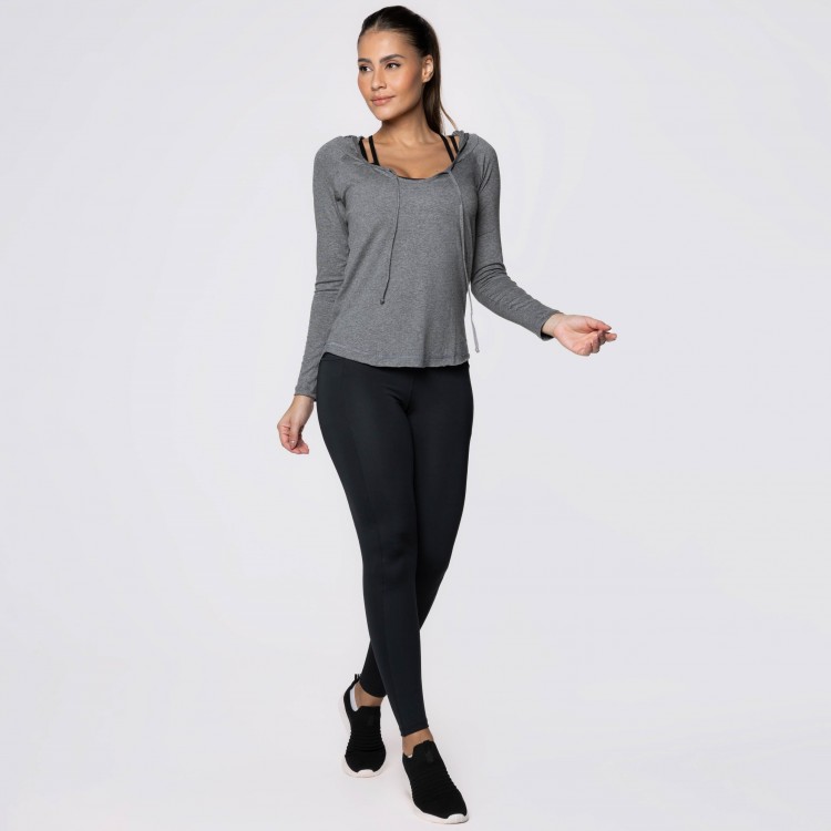 Blusa Manga Longa e Capuz Fitness Cinza