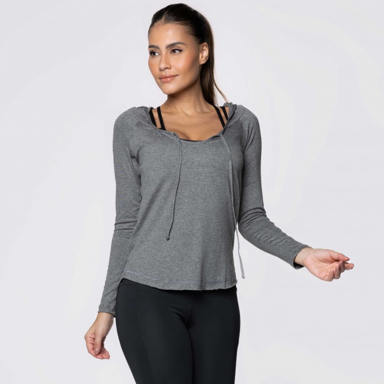Blusa Manga Longa e Capuz Fitness Cinza