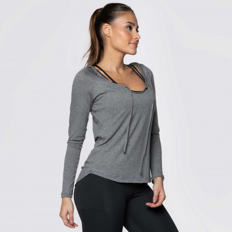 Blusa Manga Longa e Capuz Fitness Cinza