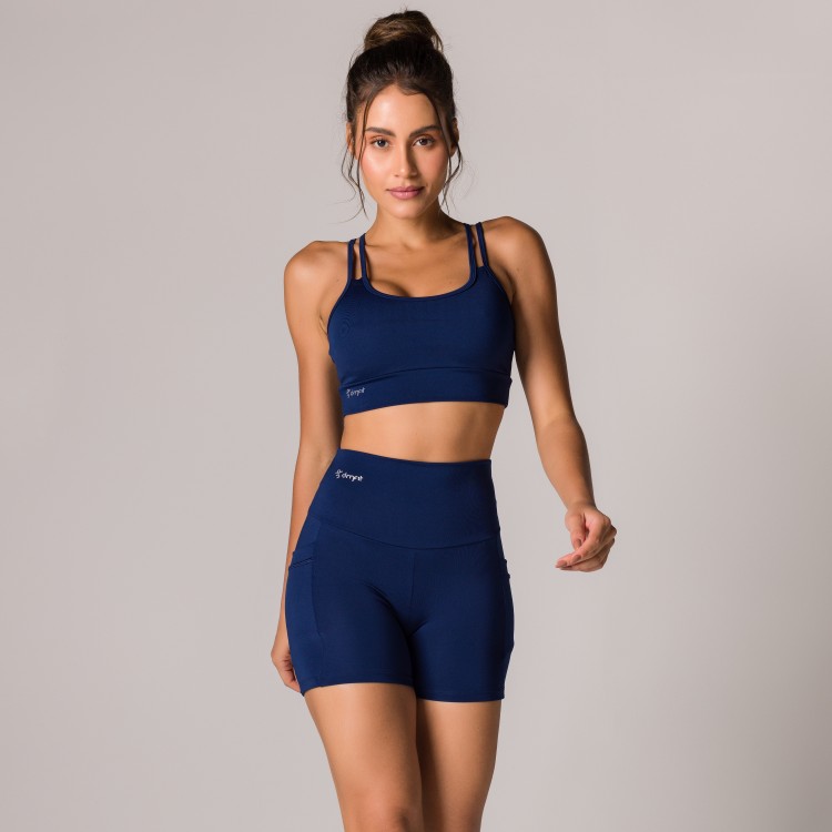 Short Fitness Basics Com Bolsos Laterais Azul Marinho