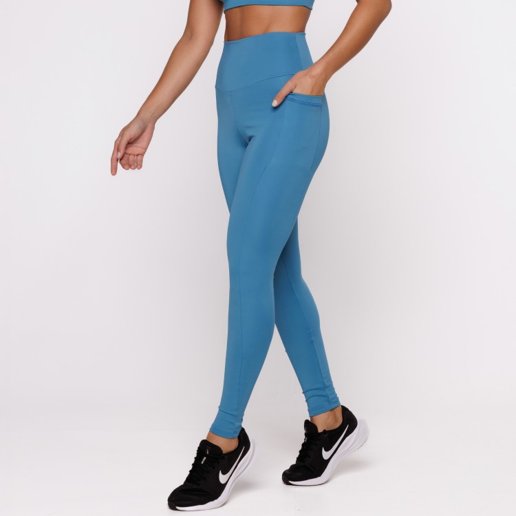 Calça Legging Basics Com Bolsos Laterais Azul Turquesa