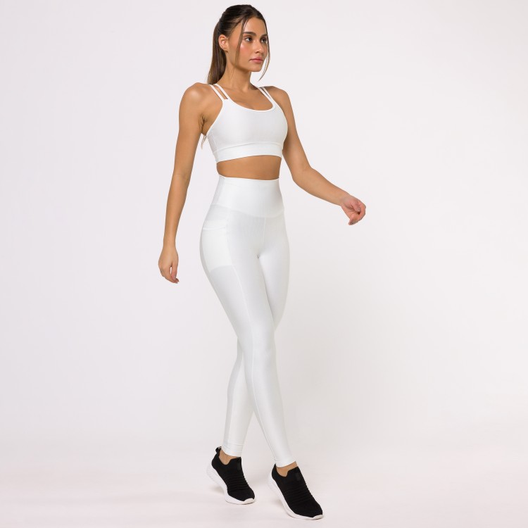 Legging Fitness Canelada Com Bolsos Laterais Off White Flux