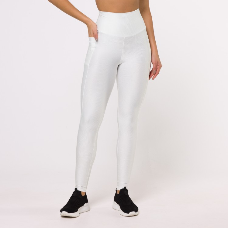 Legging Fitness Canelada Com Bolsos Laterais Off White Flux