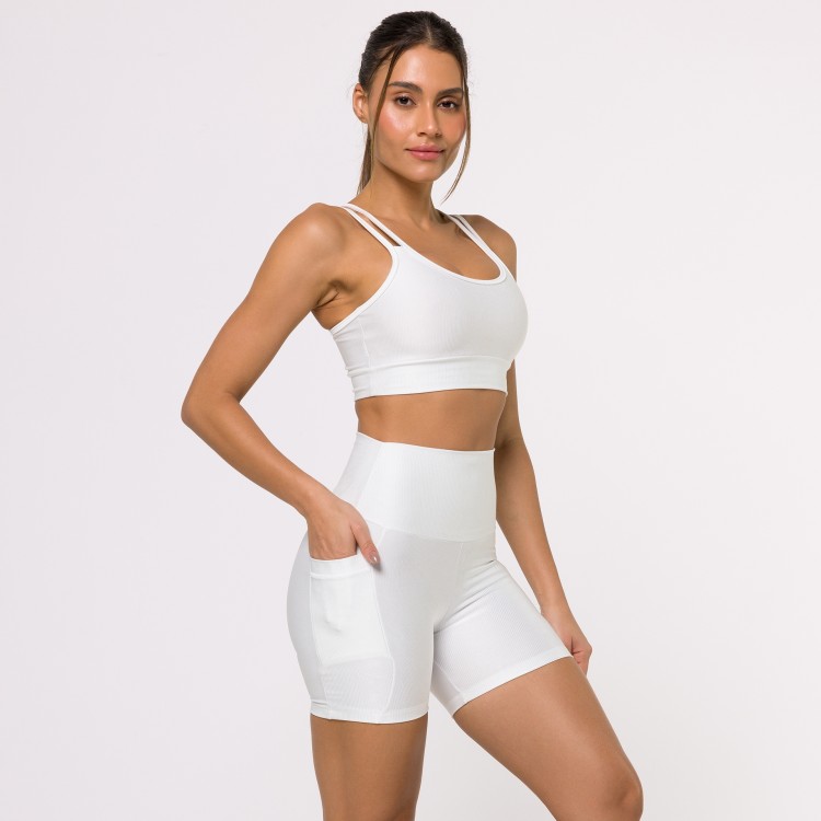 Short Fitness Canelado Com Bolsos Laterais Off White Flux