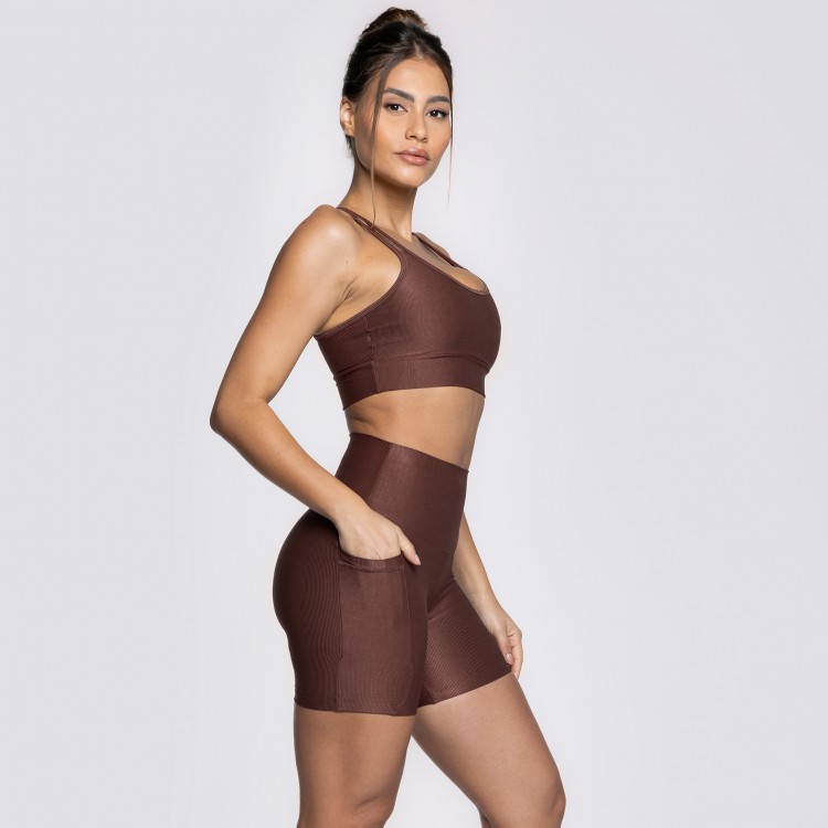 Short Fitness Canelado Com Bolsos Laterais Marrom Café Flux
