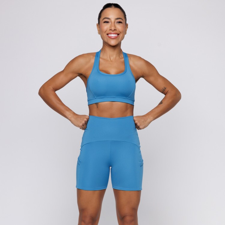 Short Fitness Com Três Bolsos Azul Turquesa