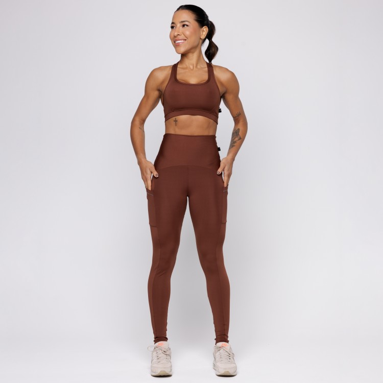Calça Legging Com Três Bolsos Marrom Café