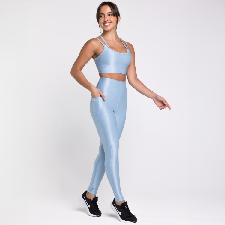 Legging Fitness Canelada Com Bolsos Laterais Azul Frozen