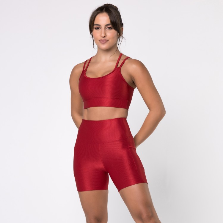 Short Fitness Canelado Com Bolsos Laterais Vermelho Rubi Flux