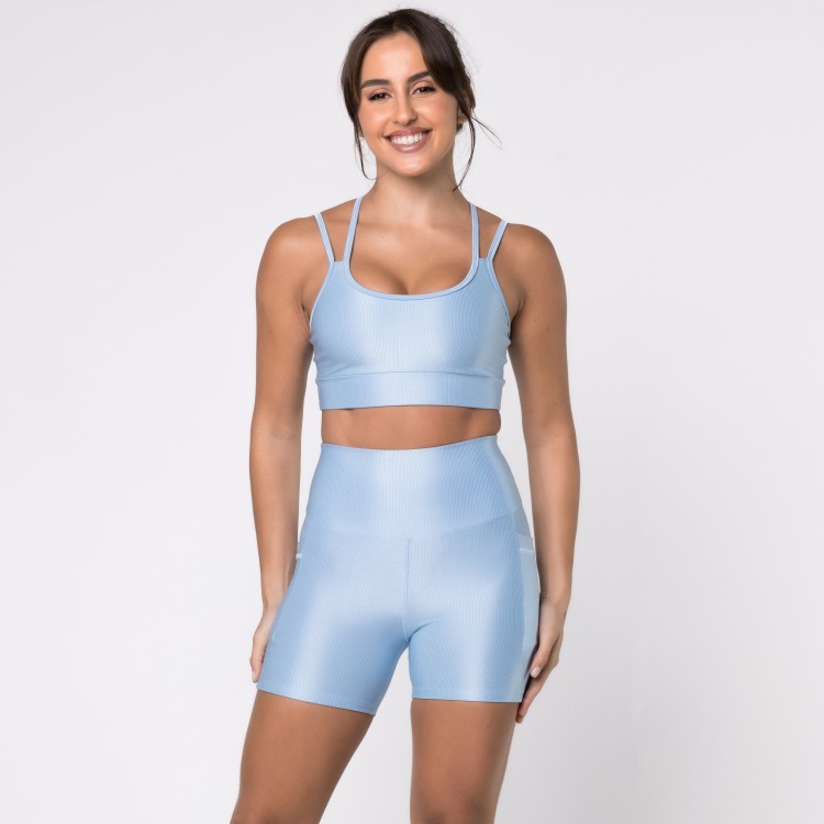 Short Fitness Canelado Com Bolsos Laterais Azul Frozen Flux