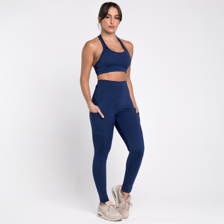 Calça Legging Com Três Bolsos Azul Marinho