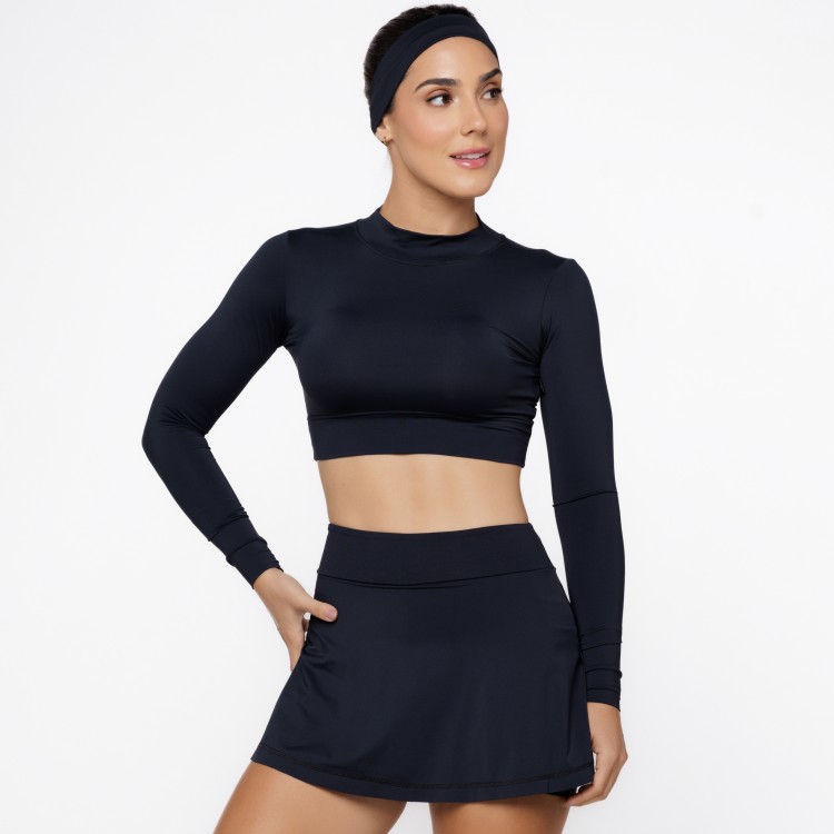 Blusa Cropped de Manga Longa com Proteção UV50+ Preta