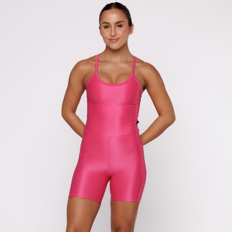 Macaquinho Fitness Canelado Com Bolsos Laterais Pink Flux