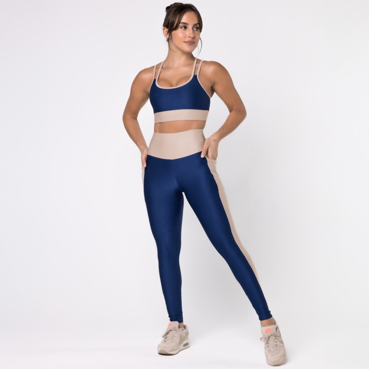 Legging Fitness Canelada Colors Com Bolsos Laterais Azul Marinho