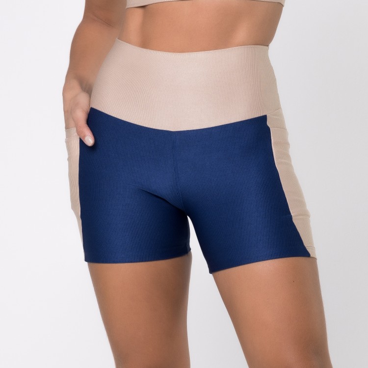 Short Fitness Canelado Com Bolsos Laterais Colors Azul Marinho