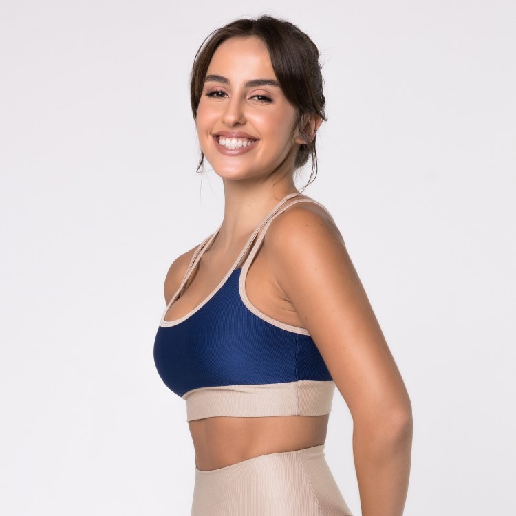 Top Fitness Canelado com Alças Duplas Colors Azul Marinho