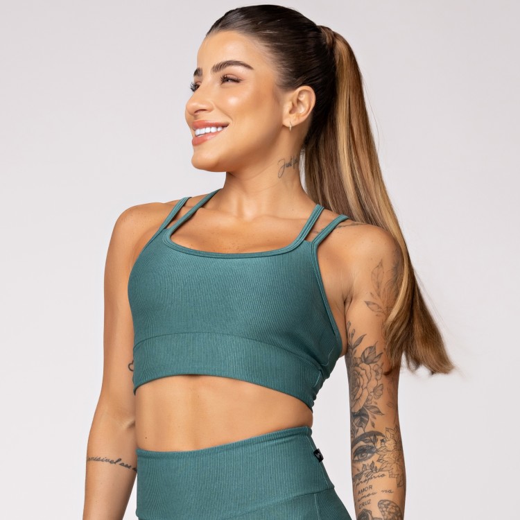 Top Fitness Canelado com Alças Duplas Verde Galápagos