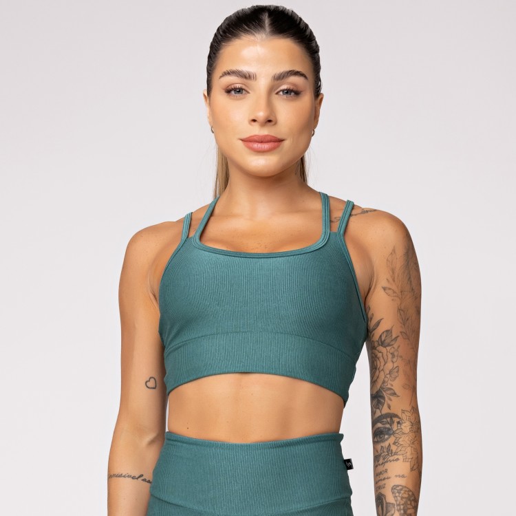 Top Fitness Canelado com Alças Duplas Verde Galápagos
