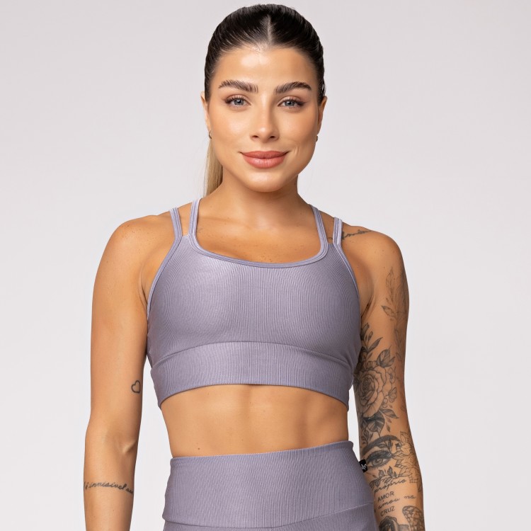 Top Fitness Canelado com Alças Duplas Cinza