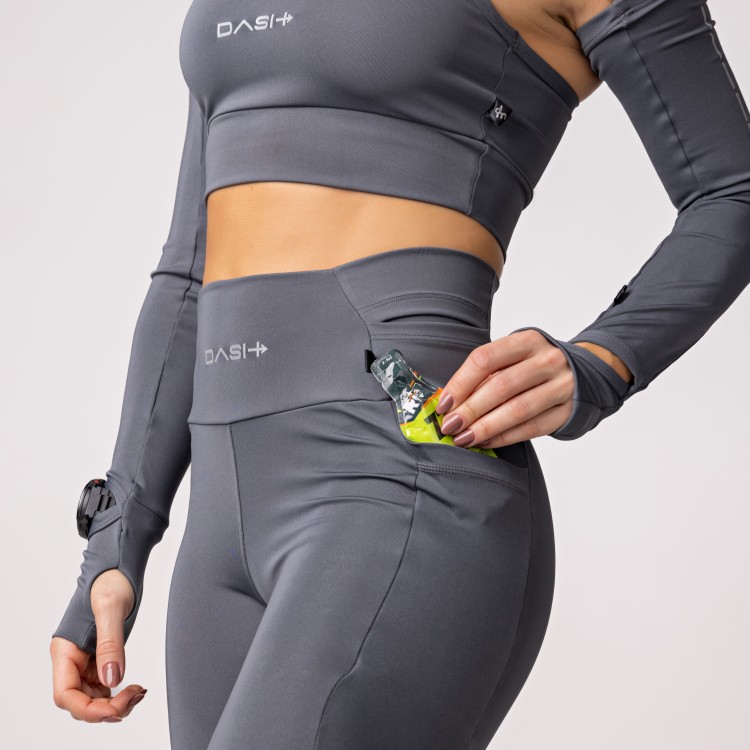 Legging Baixa Pace Com 6 bolsos Funcionais Cinza Grafite