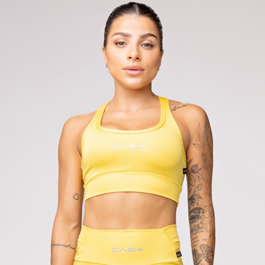Top Alta Sustentação Baixa Pace com Bolso nas Costas Amarelo