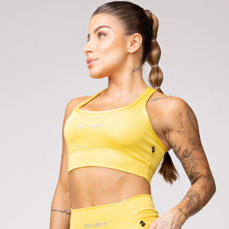 Top Alta Sustentação Baixa Pace com Bolso nas Costas Amarelo