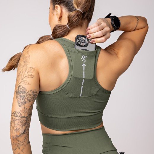 Top Alta Sustentação Baixa Pace com Bolso nas Costas Verde Militar