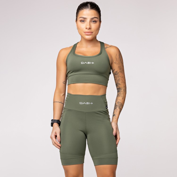 Top Alta Sustentação Baixa Pace com Bolso nas Costas Verde Militar