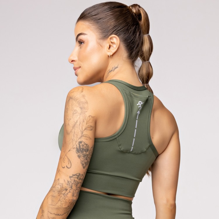 Top Alta Sustentação Baixa Pace com Bolso nas Costas Verde Militar