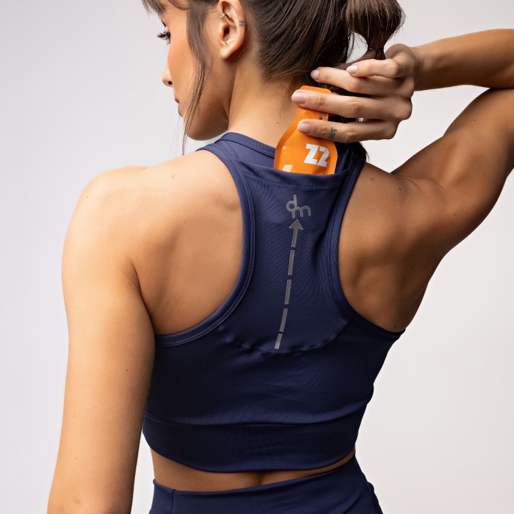 Top Alta Sustentação Baixa Pace com Bolso nas Costas Azul Marinho