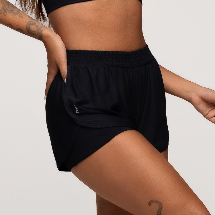 Short Duplo Poliamida com Bolsos Laterais Preto