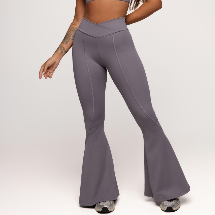 Calça Flare Poliamida com Cós Transpassado Cinza