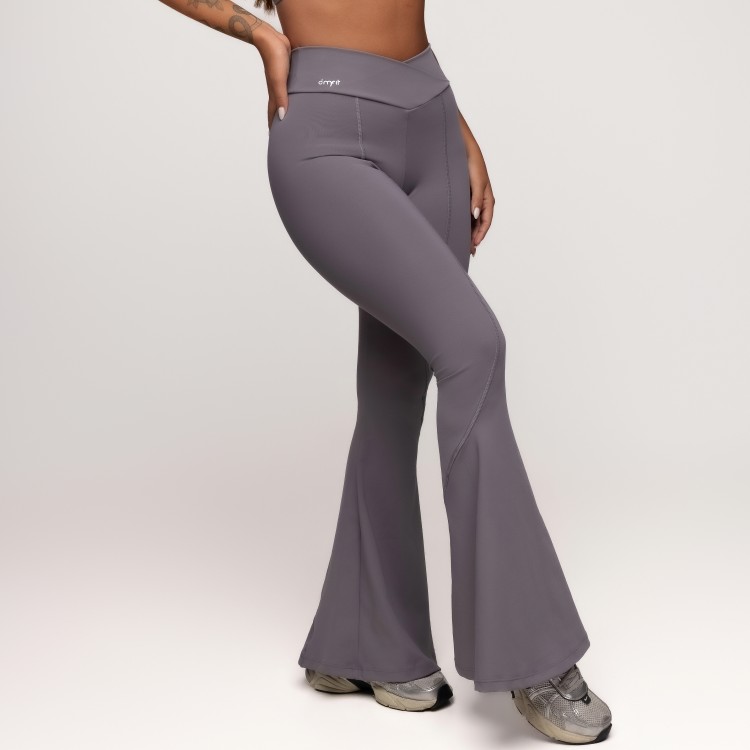 Calça Flare Poliamida com Cós Transpassado Cinza