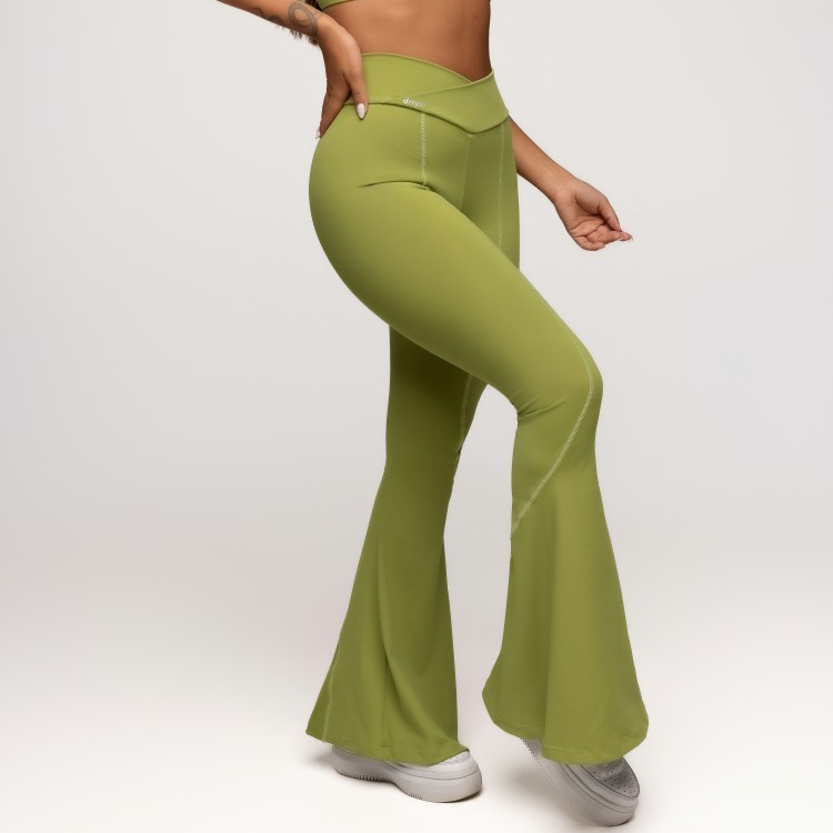 Calça Flare Poliamida com Cós Transpassado Verde Palmeira