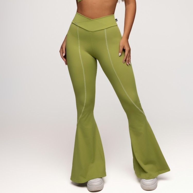 Calça Flare Poliamida com Cós Transpassado Verde Palmeira