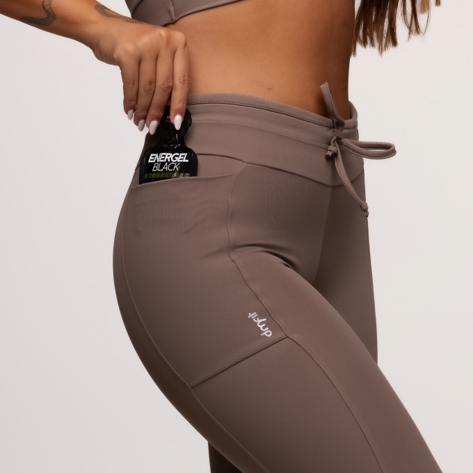 Calça Legging Poliamida com Bolsos Laterais e Cós Ajustável Castanho