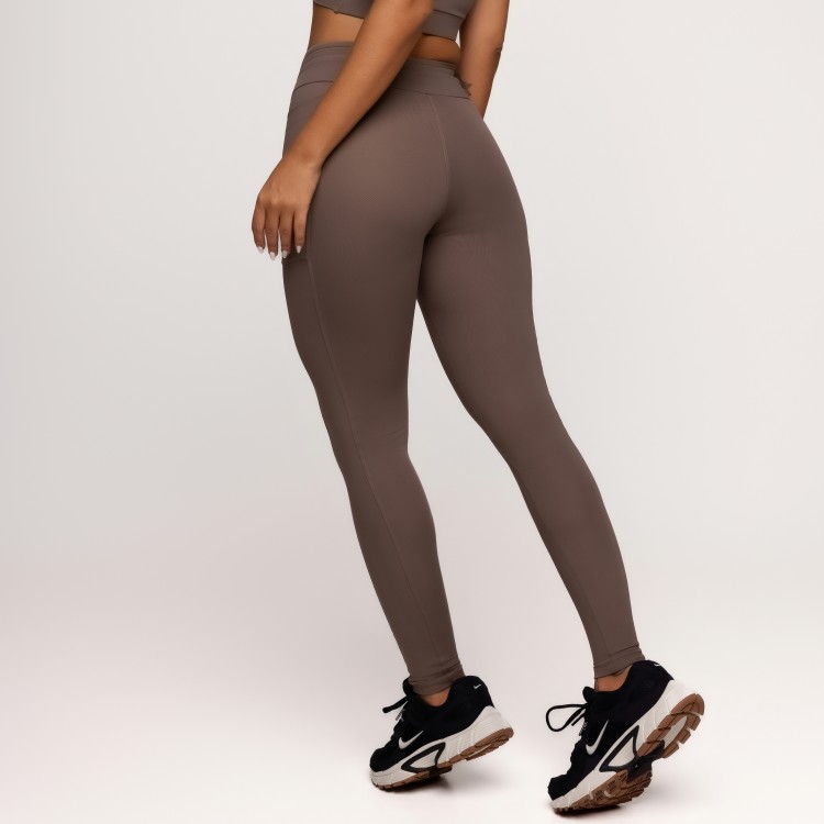 Calça Legging Poliamida com Bolsos Laterais e Cós Ajustável Castanho