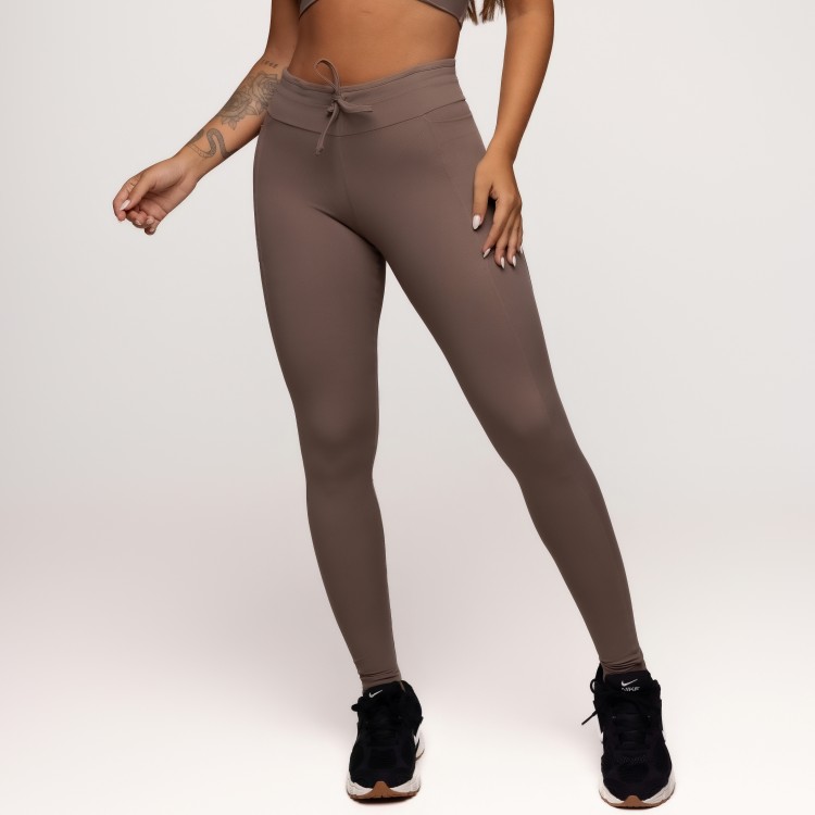 Calça Legging Poliamida com Bolsos Laterais e Cós Ajustável Castanho