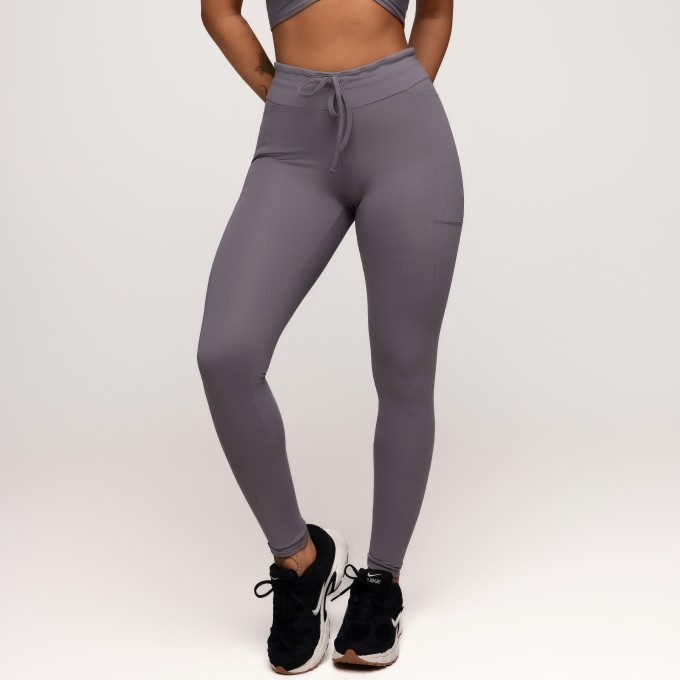 Calça Legging Poliamida com Bolsos Laterais e Cós Ajustável Cinza