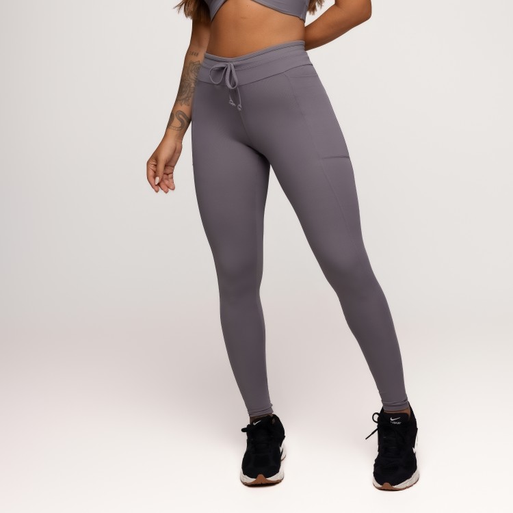 Calça Legging Poliamida com Bolsos Laterais e Cós Ajustável Cinza