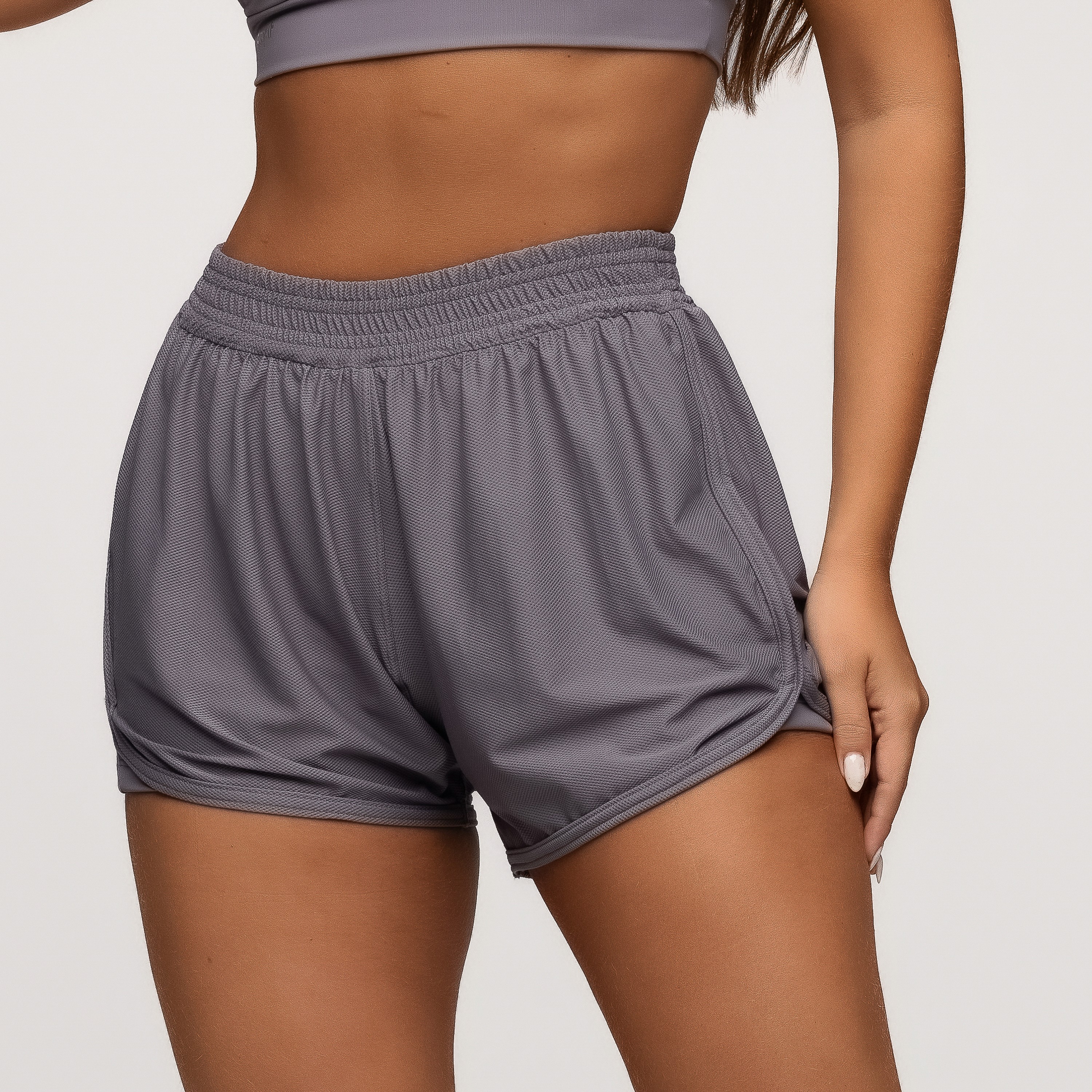 Short Duplo Poliamida com Bolsos Laterais Cinza - DMFit