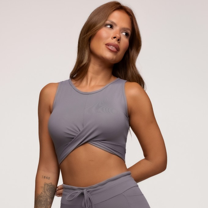 Top Fitness Poliamida com Torção Frontal Cinza