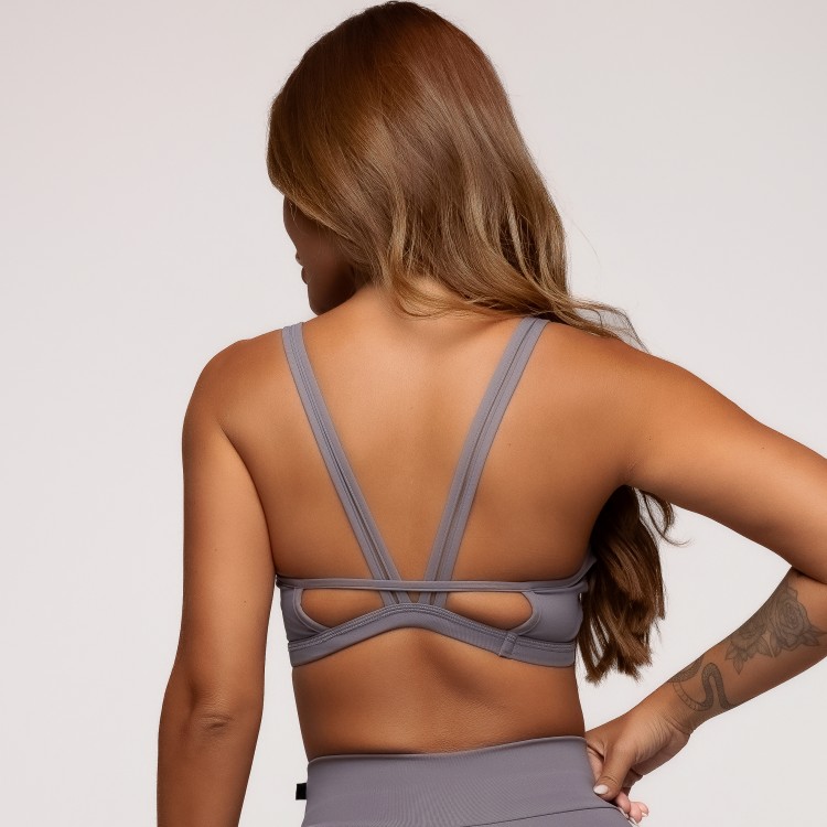 Top Fitness Poliamida com Tiras nas Costas Cinza
