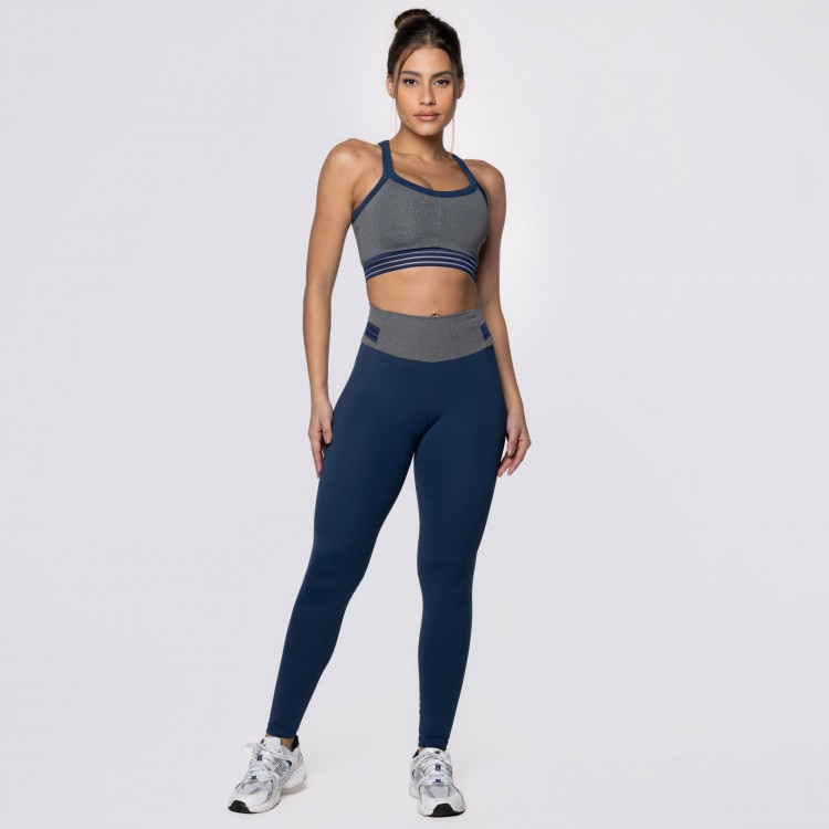 Calça Legging Poliamida Azul Marinho com Cós Mescla