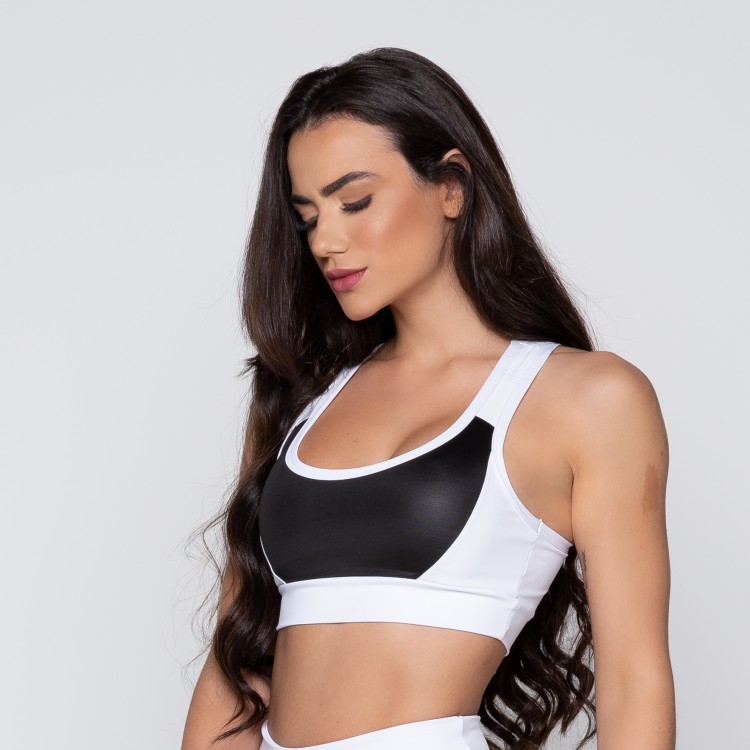 Top Fitness Apple Branco com Recortes em Cirrê Preto