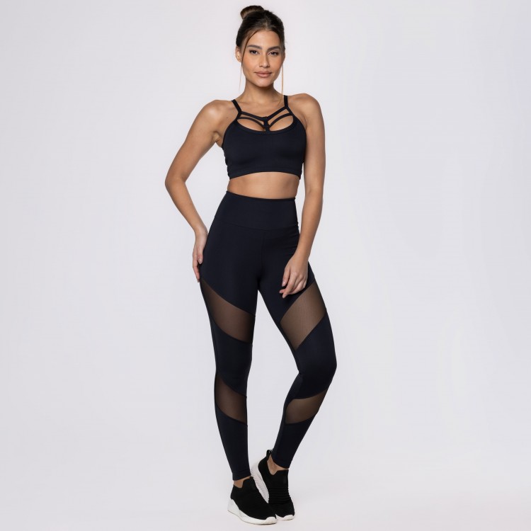Top Fitness Preto Poliamida com Tiras Strappy