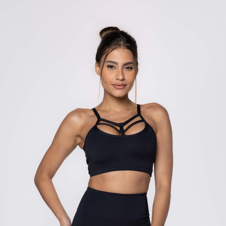 Top Fitness Preto Poliamida com Tiras Strappy